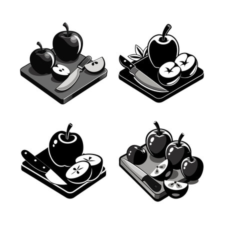 Black and white apples sliced with a knifeのイラスト素材