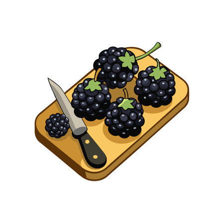 Fresh blackberries on wooden cutting board with knifeのイラスト素材
