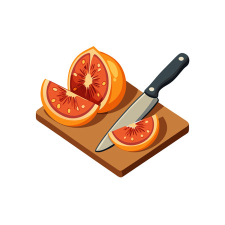 Fresh Blood Orange Slices with Knife on Woodのイラスト素材