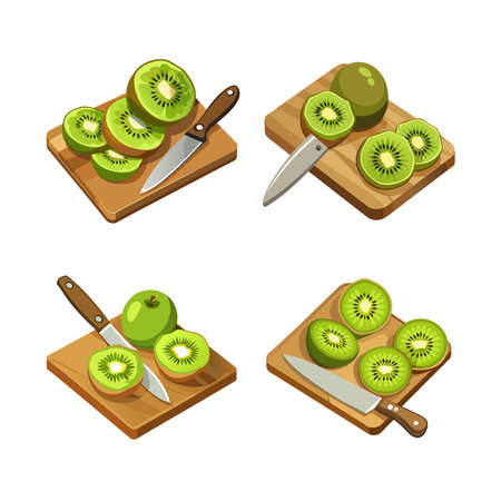 Sliced Kiwi on Cutting Board with Knife Illustrationのイラスト素材
