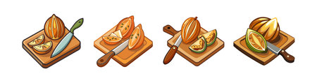 Orange cutting process on wooden board illustration styleのイラスト素材