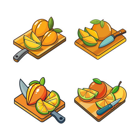 Mango slices on a wooden cutting board illustrationのイラスト素材