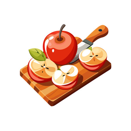 Vibrant red apple, knife, and sliced apples on boardのイラスト素材