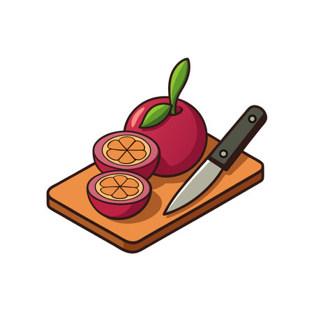 Fresh mangosteen halves and whole with knife on boardのイラスト素材