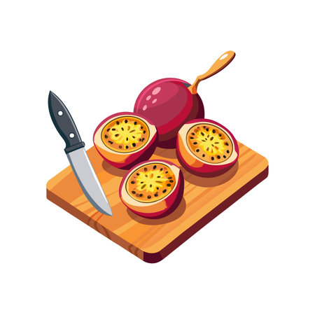 Passion Fruit on Cutting Board with Knife Illustrationのイラスト素材
