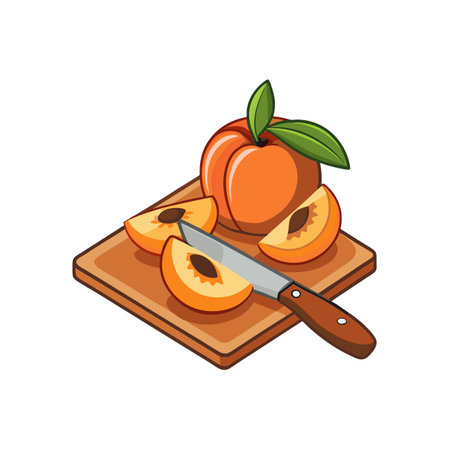 Cartoon peach halves with a knife on a boardのイラスト素材