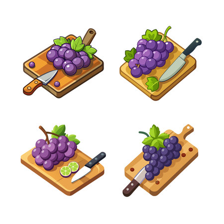 Cartoon grapes on a cutting board with knifeのイラスト素材