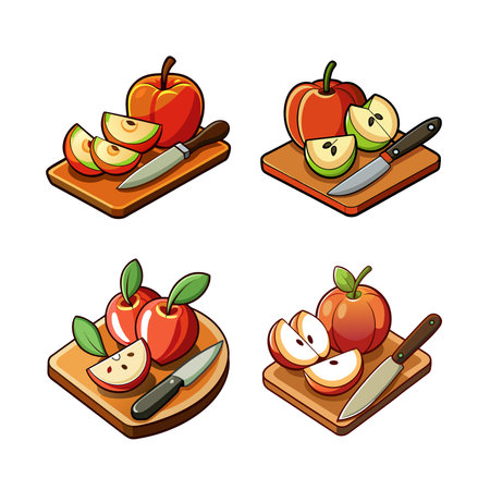 Sliced Red Apple on Cutting Board Cartoon Illustrationのイラスト素材