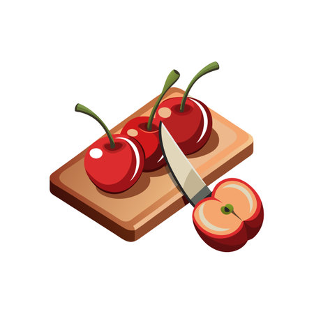 Stylized cherries on a cutting board with knifeのイラスト素材