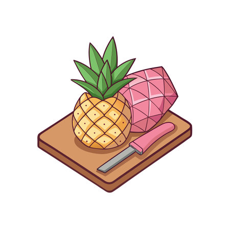 Cute pineapple on cutting board, tropical fruit conceptのイラスト素材