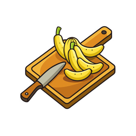 Bananas on Cutting Board with Knife Cartoon Illustrationのイラスト素材