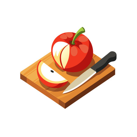 Fresh apple with knife on wooden cutting boardのイラスト素材