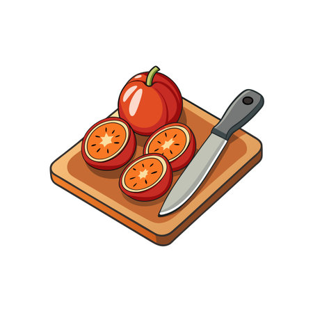 Fresh Tamarillos on a Cutting Board with Knifeのイラスト素材