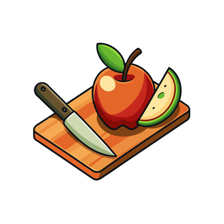 Apple slice on cutting board with knife illustrationのイラスト素材