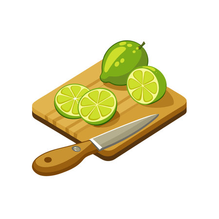 Limes on a cutting board with a kitchen knifeのイラスト素材