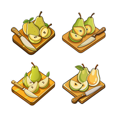 Cartoon Pear Slices on Cutting Board with Knifeのイラスト素材