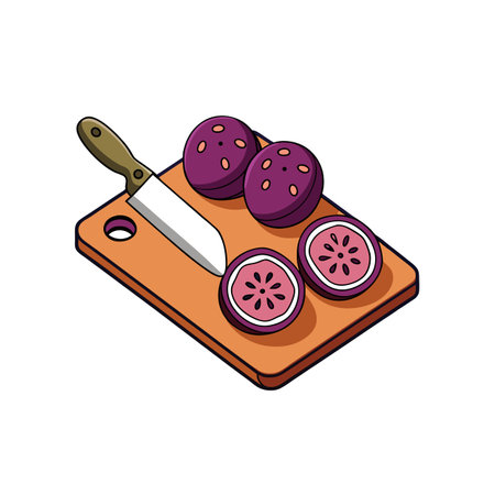 Fresh Passion Fruit Slices with Knife on Boardのイラスト素材