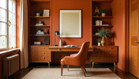 Interior of a modern living room with armchair and bookshelfの写真素材