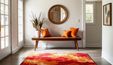 Interior of a living room with orange cushions on a wooden benchの写真素材