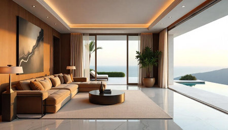 Interior design of modern living room with green plants, sofa and coffee tableの写真素材