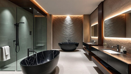 Interior of a modern bathroom with black bathtub. Nobody inside