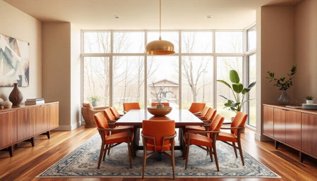 Interior of modern dining room with orange table and chairs. 3d renderの写真素材