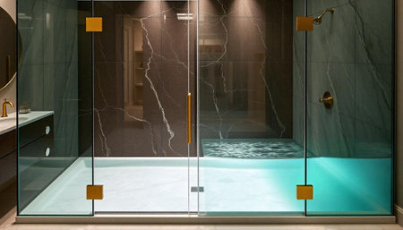 Interior of a modern bathroom with a bathtub and a shower
