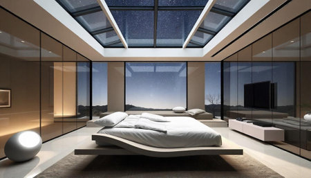 3D rendering of a modern bedroom in a loft with large windows