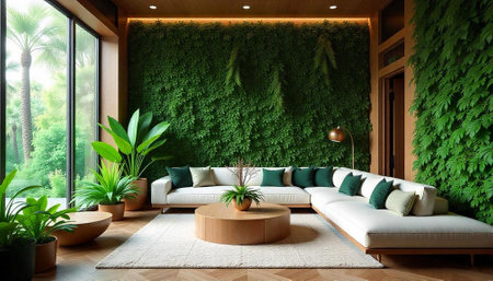 Interior of a modern room with green pillows on the couch