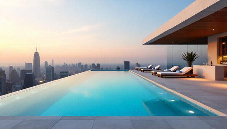 Interior of modern villa, bedroom with swimming pool. Nobody inside
