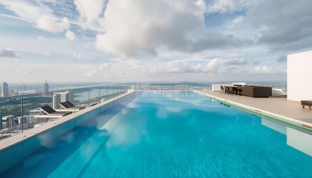 Swimming pool in luxury hotel with view of the sea and skylineの写真素材