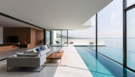 interior of modern house, swimming pool view from the terrace
