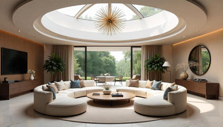 Interior of a living room with a round sofa and a round coffee table