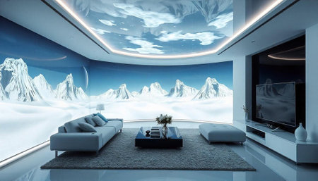 Interior of a modern living room with a view of the mountains
