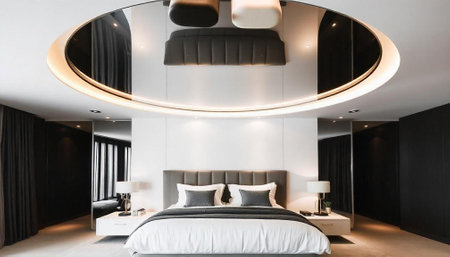 interior of luxury hotel bedroom, bedroom with black and white decorationの写真素材