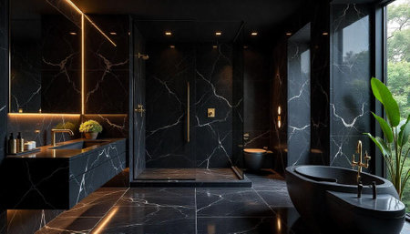 Luxury bathroom with black marble walls and floor, 3d renderの写真素材