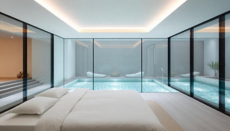 Interior of a modern hotel, swimming pool view from the bedroomの写真素材