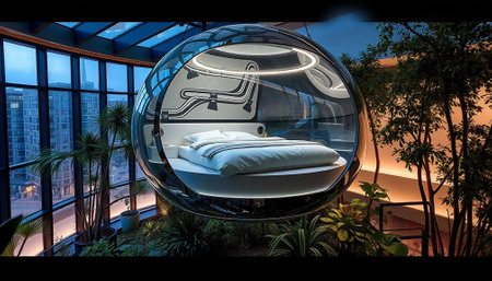 Luxury hotel room interior design with a large glass window.