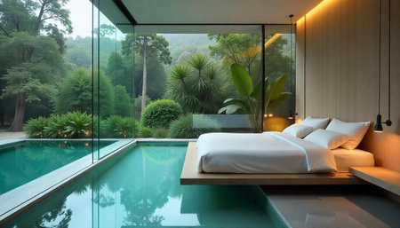 Luxury hotel bedroom with swimming pool, interior design concept.