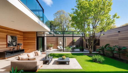 Luxury modern house with garden and swimming pool. Nobody inside