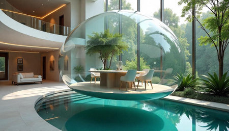Interior of a modern villa with swimming pool, 3d renderの写真素材