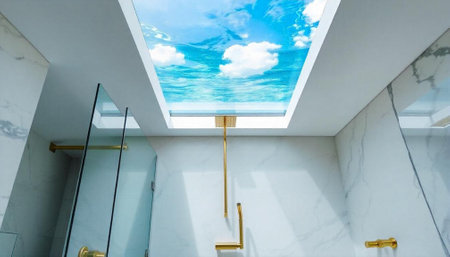 Interior of a modern house, view from the bathroom to the seaの写真素材