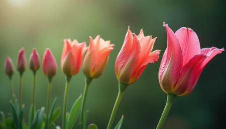 Tulip flowers blooming in the garden. Nature background.