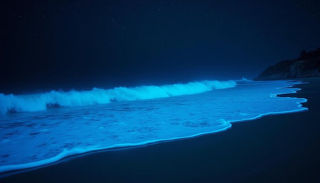 Night sea landscape with starry sky, waves and the moon.の写真素材