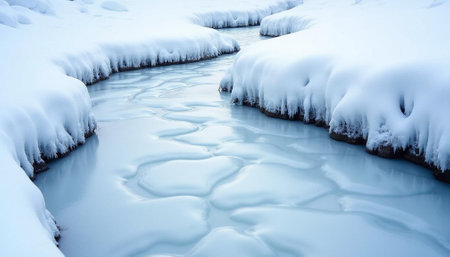 Winter landscape with frozen river and snowflakes in south koreaの写真素材