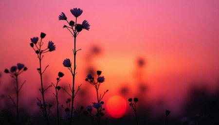 Silhouette of wild flowers in the meadow at sunset.の写真素材