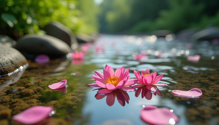 Pink lotus flower floating on water in a pond, selective focusの写真素材