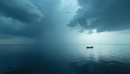Fisherman in a boat on the sea during a thunderstormの写真素材