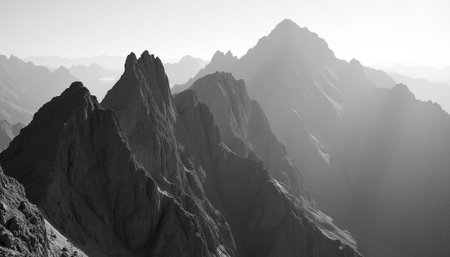 Black and white landscape of Dolomites mountains, South Tyrol, Italy