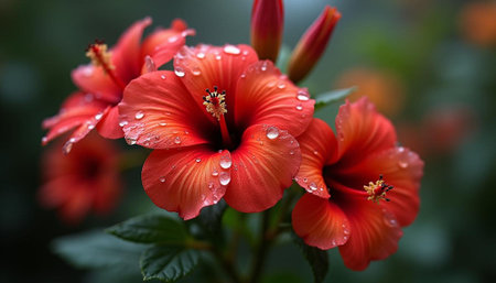 Red hibiscus flowers with raindrops on the petals